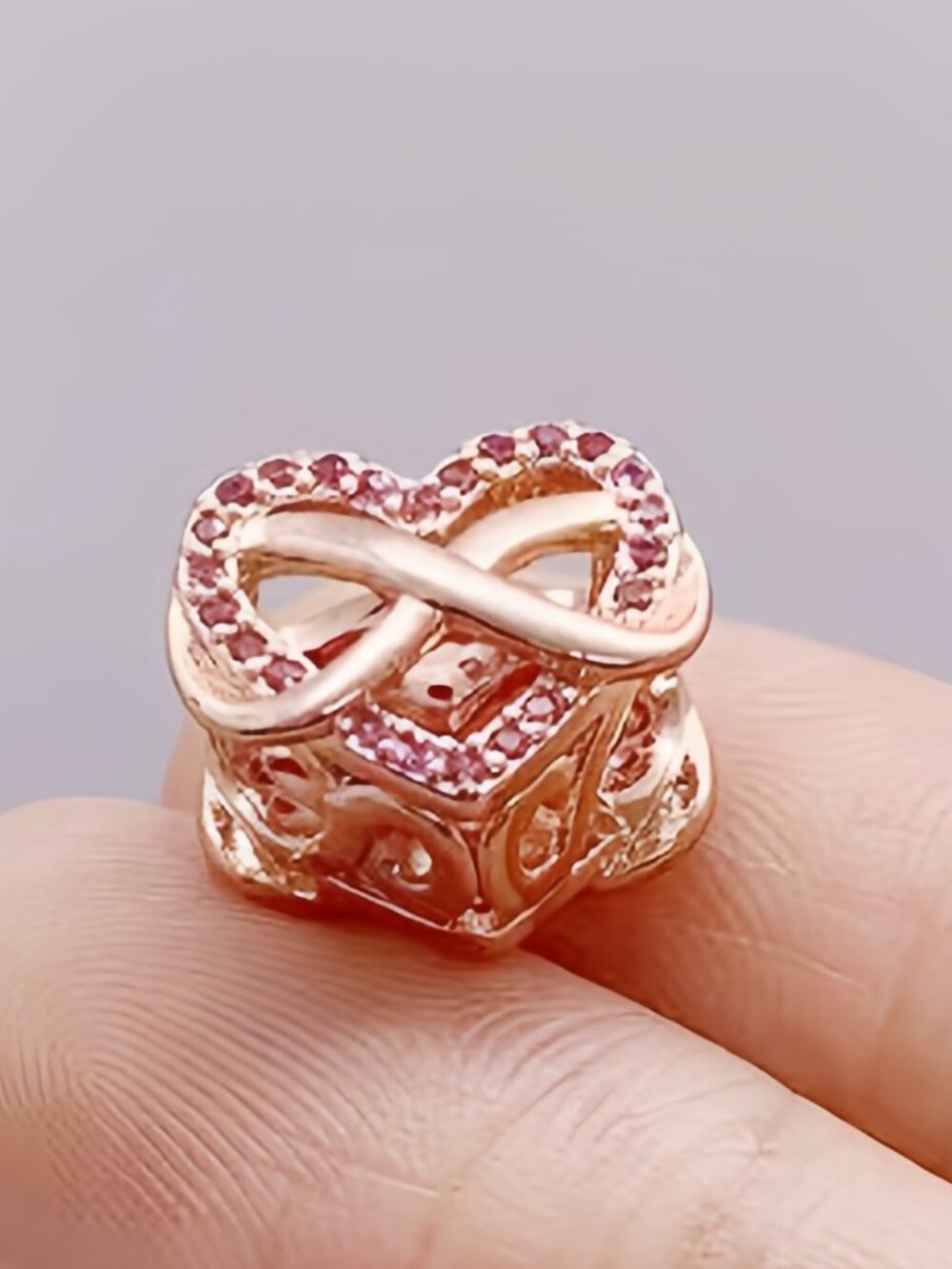 Pandora Family Infinity Pink Heart Dangle Charm Pendant Rose Gold-Plated